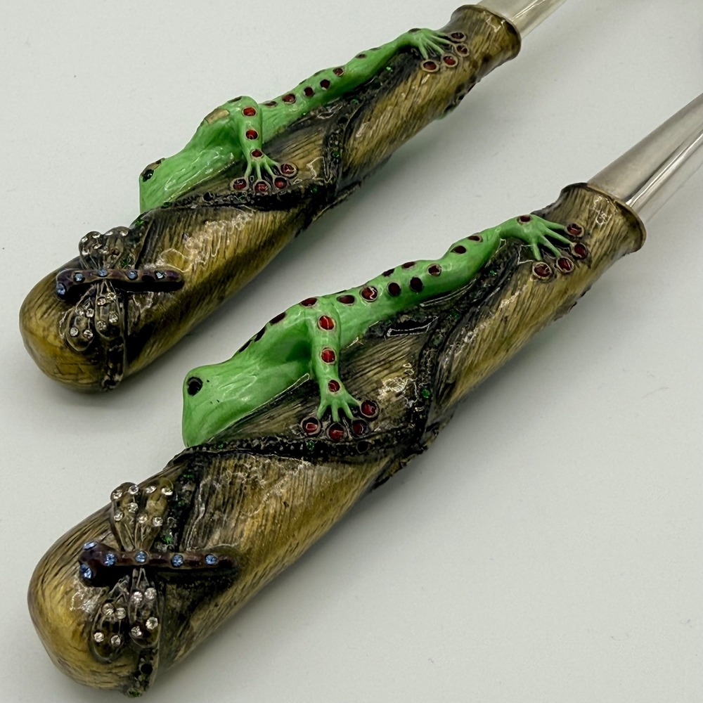Vintage Frog & Dragonfly Salad Serving Set Resin Handles Silver Tone 11" - Picture 3 of 9